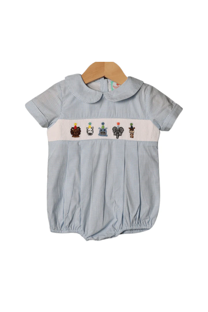Smocked Party Animal Blue Gingham Bubble