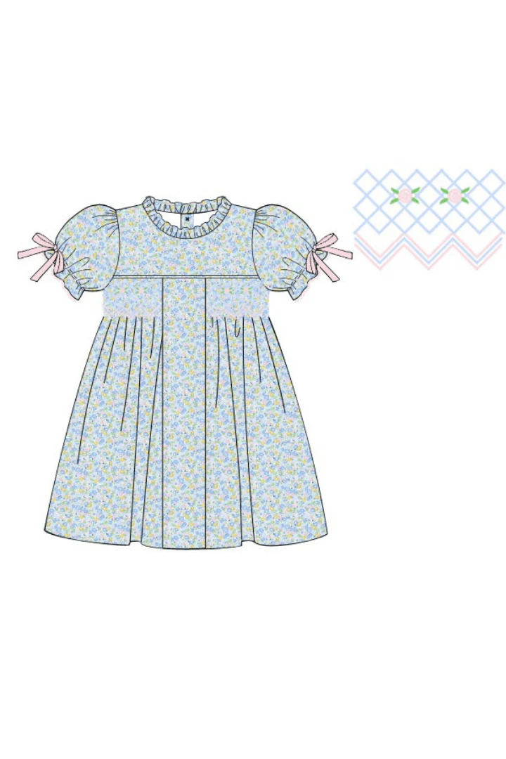 Smocked Pink and Blue Floral Bow Dress - Image 2