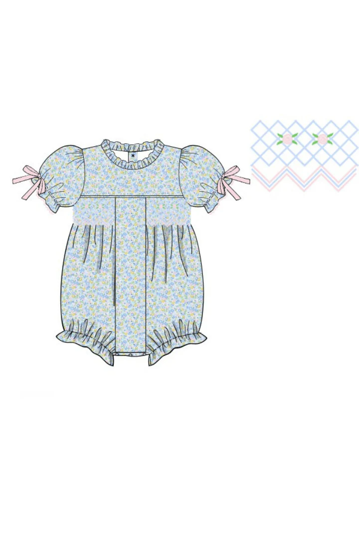 Smocked Pink and Blue Floral Bubble - Image 3