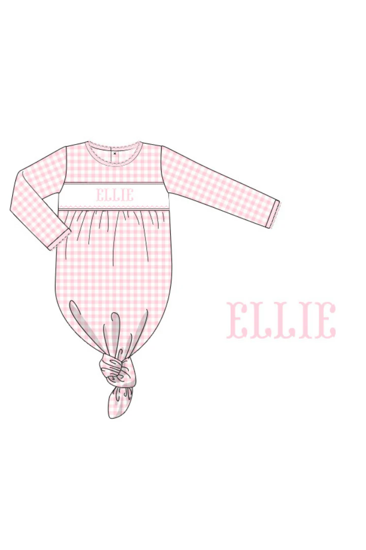 Pre-Order Custom Name Smocked Pink Gingham Knotted Baby Gown