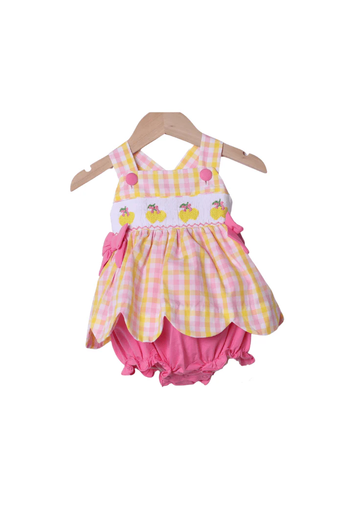 Smocked Pink Lemonade Scalloped Skirted Bubble