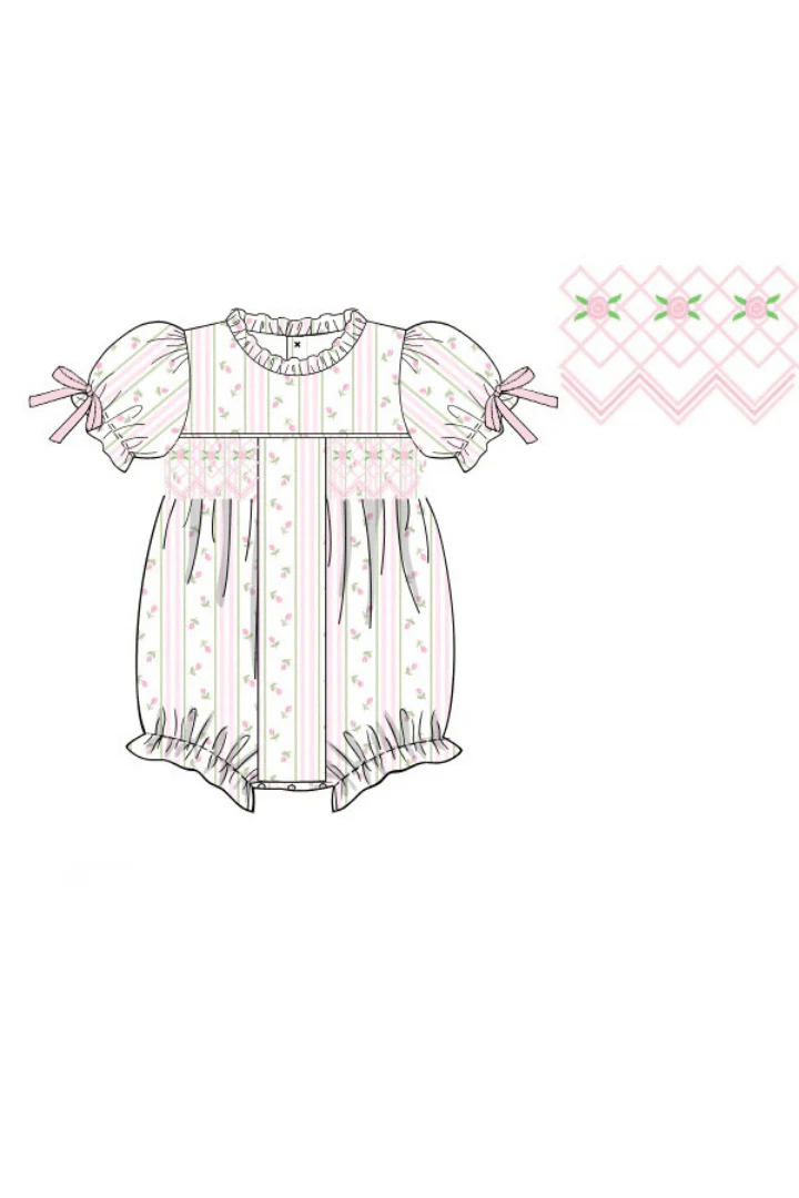 Smocked Pink Rose Trellis Bow Bubble - Image 2