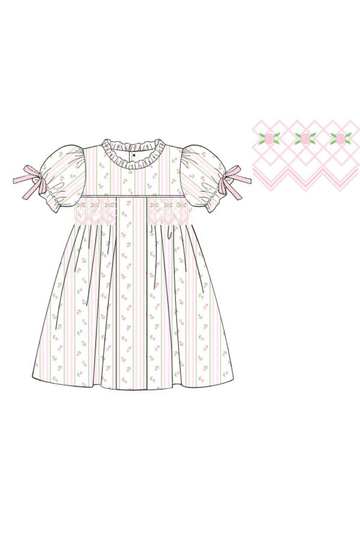 Smocked Pink Rose Trellis Bow Dress - Image 2