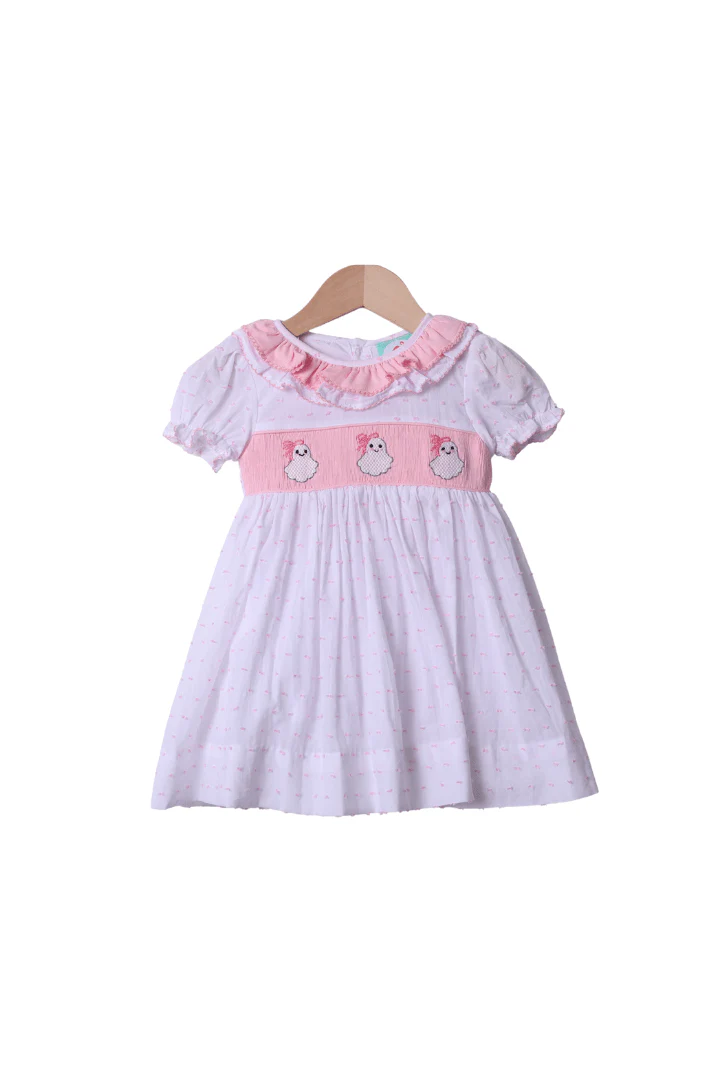 Smocked Pink Swiss Dot Bow Ghost Dress