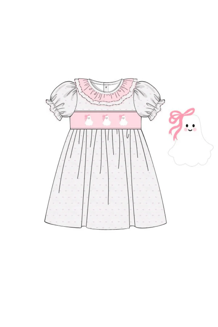 Smocked Pink Swiss Dot Bow Ghost Dress - Image 2