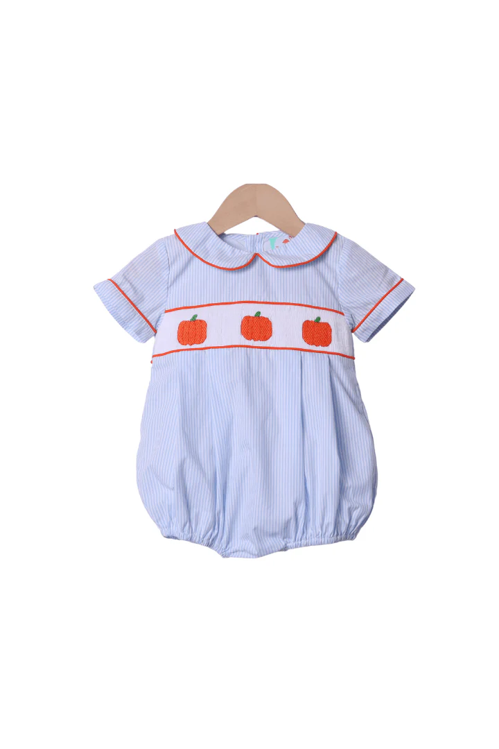 Smocked Pumpkin Blue Pinstripe Bubble - Image 2