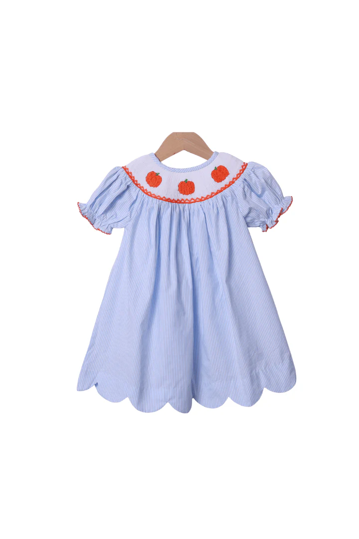 Smocked Pumpkin Blue Pinstripe Dress