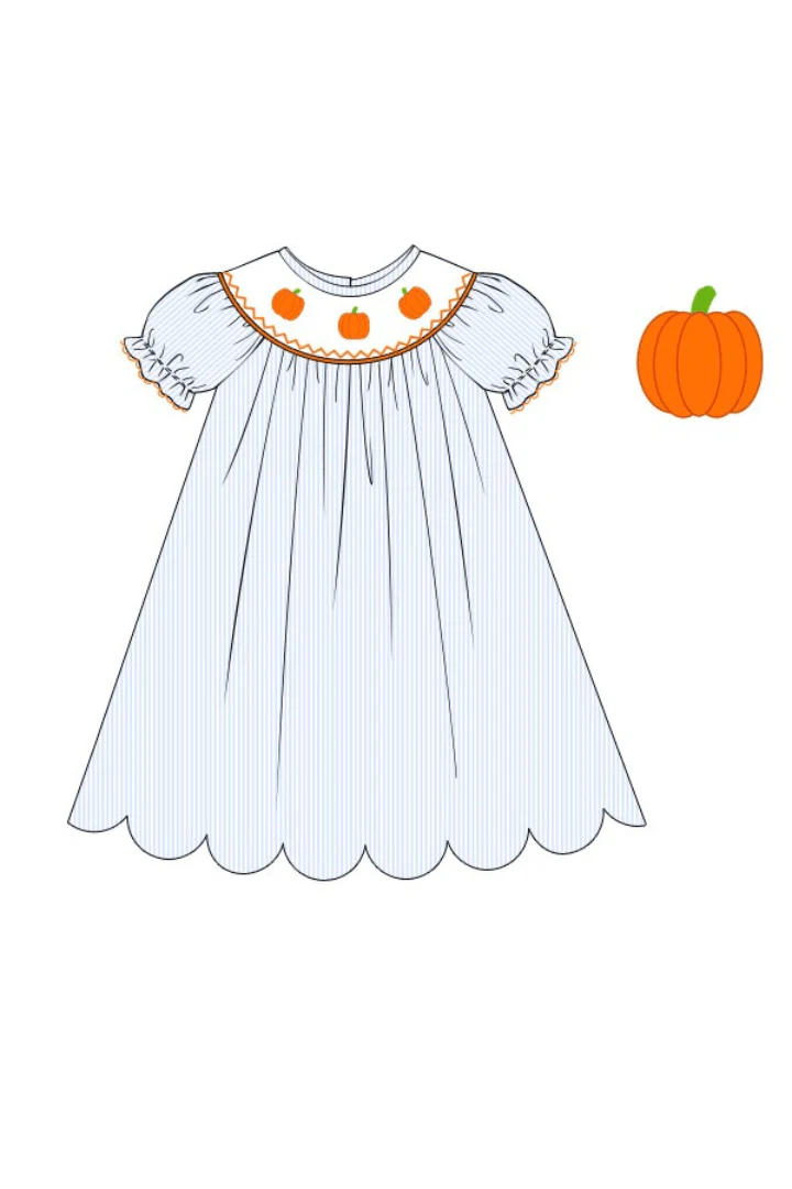 Smocked Pumpkin Blue Pinstripe Dress - Image 2