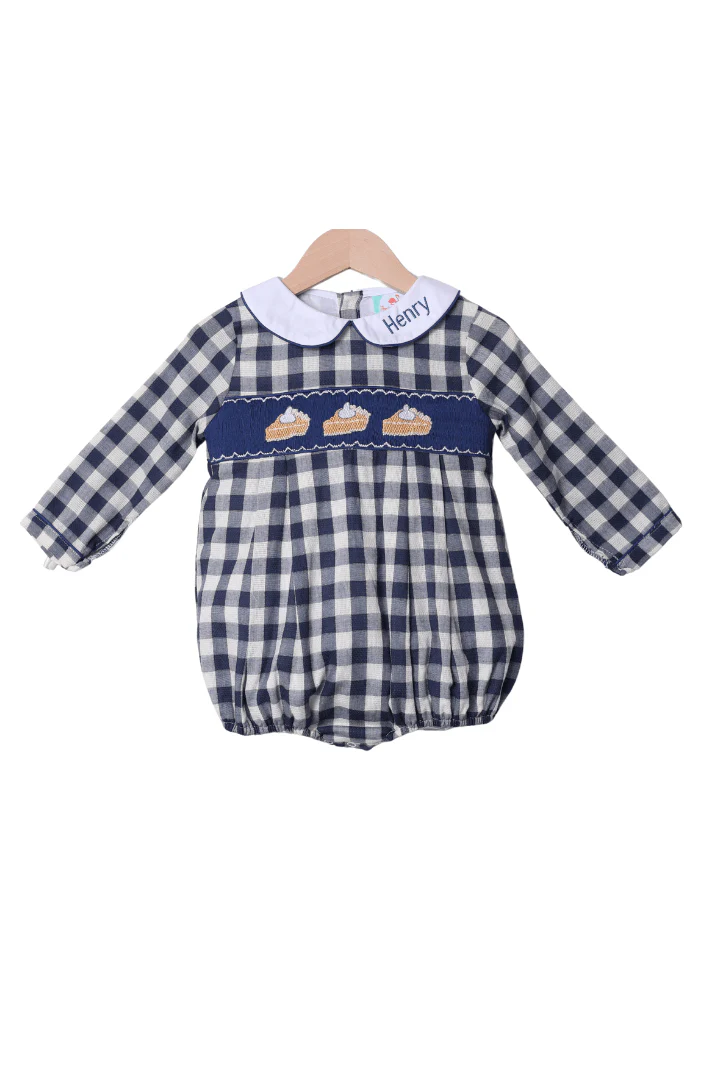 Smocked Pumpkin Pie Navy Linen Gingham Bubble