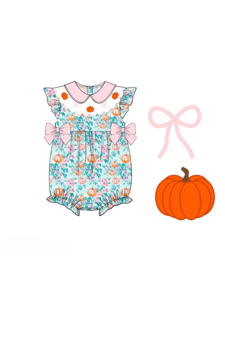 Smocked Pumpkin Turquoise Bow Bubble - Image 3