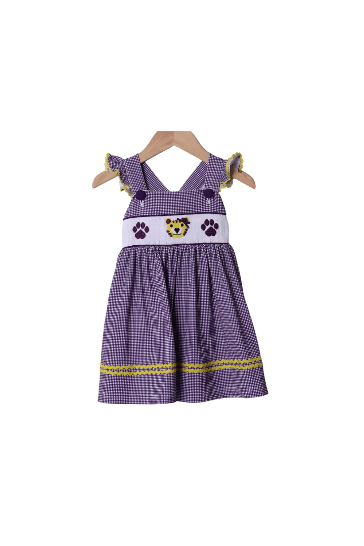 Smocked Purple/Gold Tiger Dress