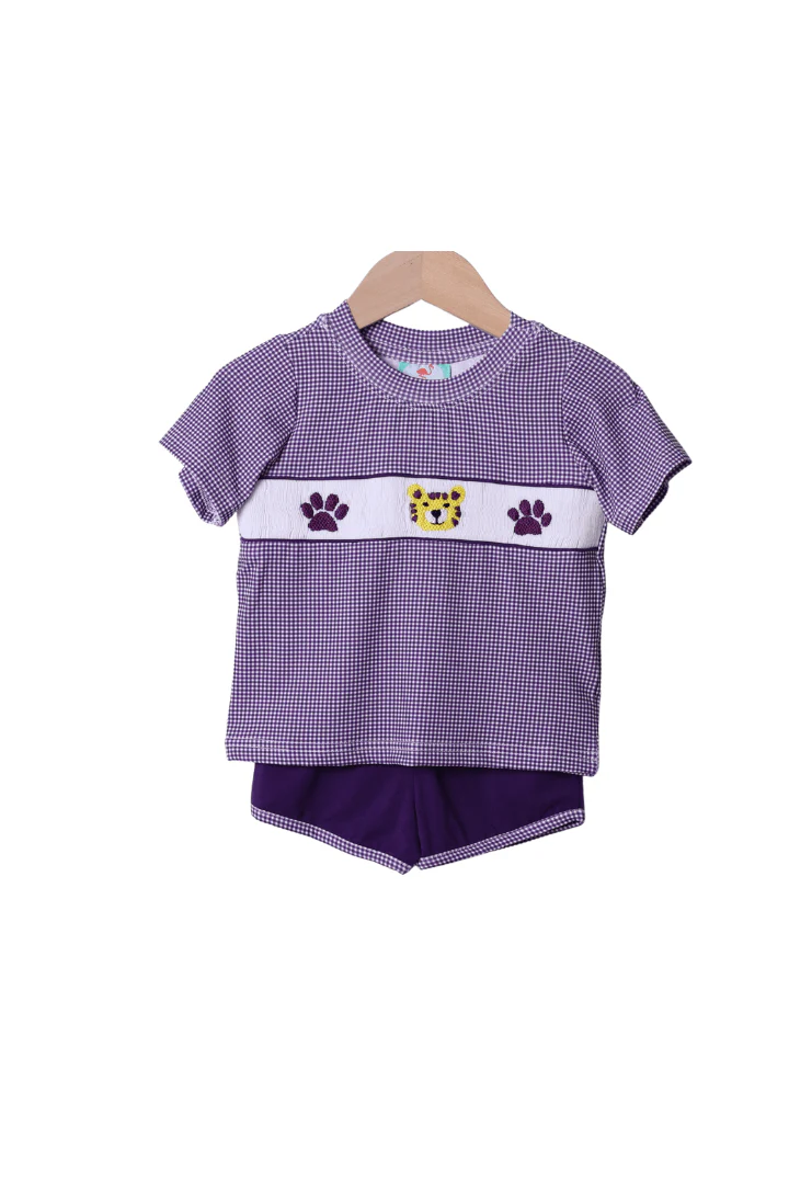 Smocked Purple/Gold Tiger Short Set