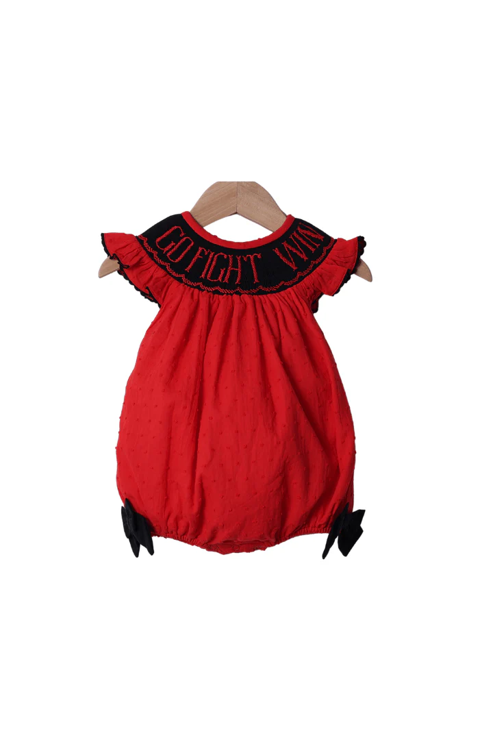 Smocked Go, Fight, Win Red/Black Swiss Dot Bow Bubble