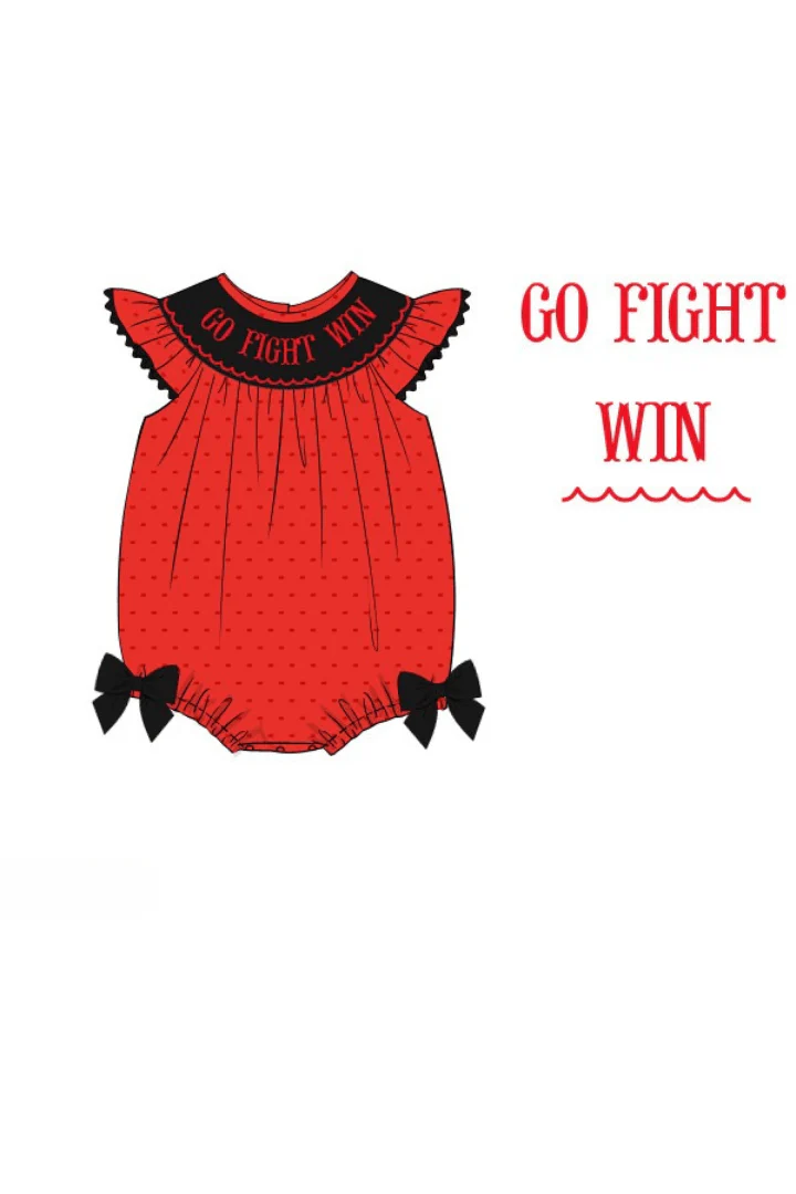 Smocked Go, Fight, Win Red/Black Swiss Dot Bow Bubble - Image 2