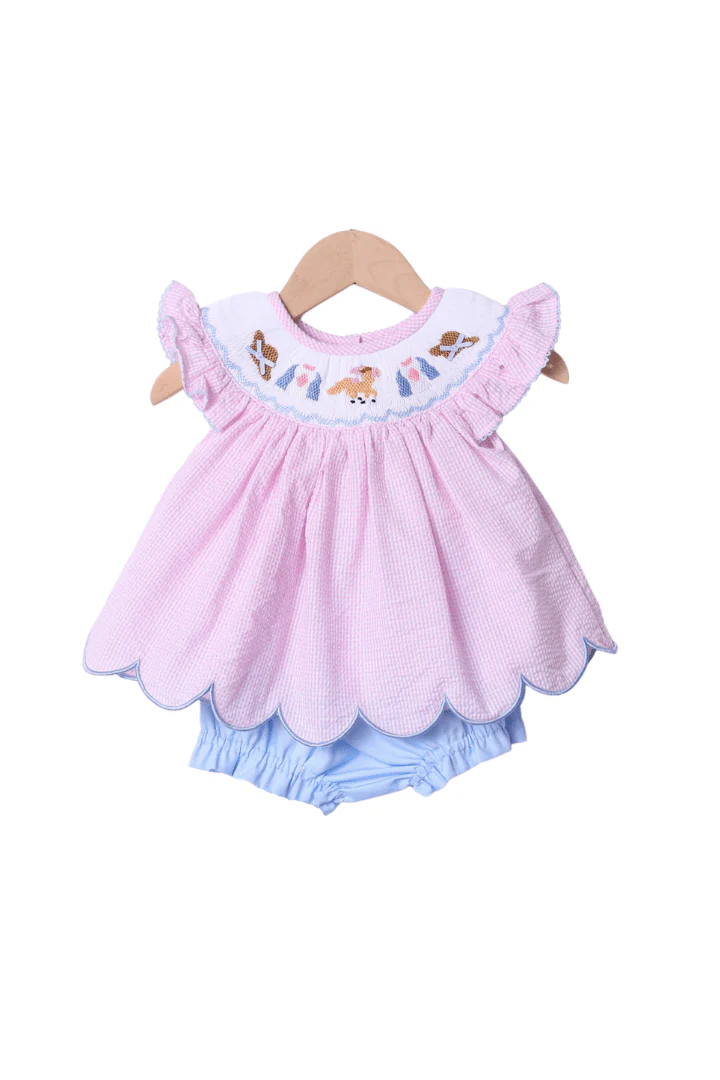 Smocked Run for the Roses Pink Gingham Derby Bloomer Set