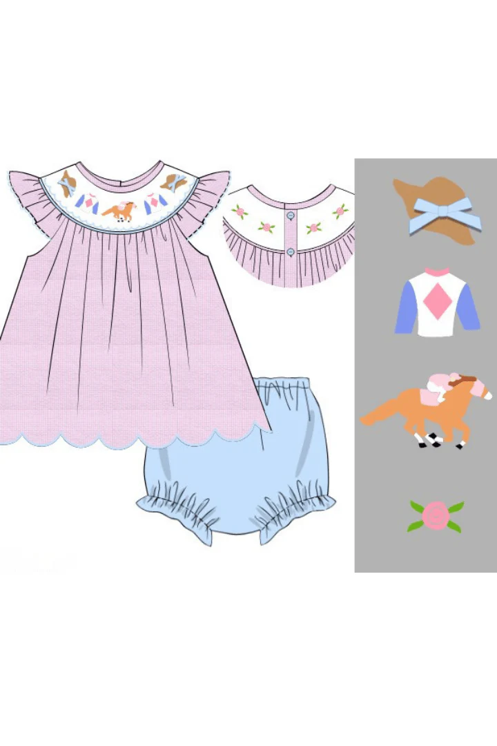 Smocked Run for the Roses Pink Gingham Derby Bloomer Set - Image 2