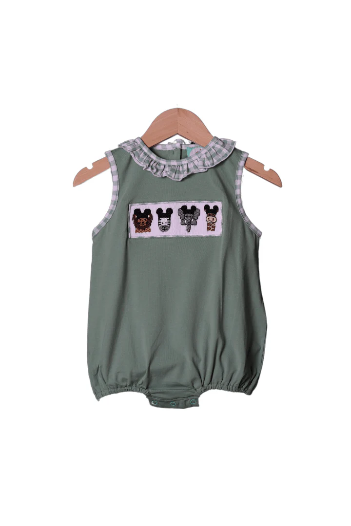 Smocked Sage Safari Animals Mouse Ruffle Bubble