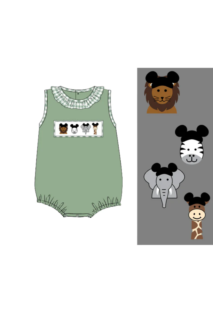 Smocked Sage Safari Animals Mouse Ruffle Bubble - Image 2