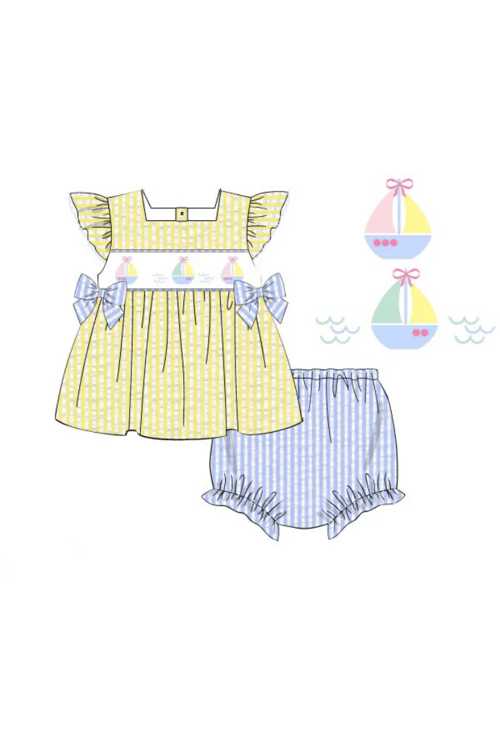 Smocked Sailboat Blue/Yellow Ruffle Bloomer Set - Image 2