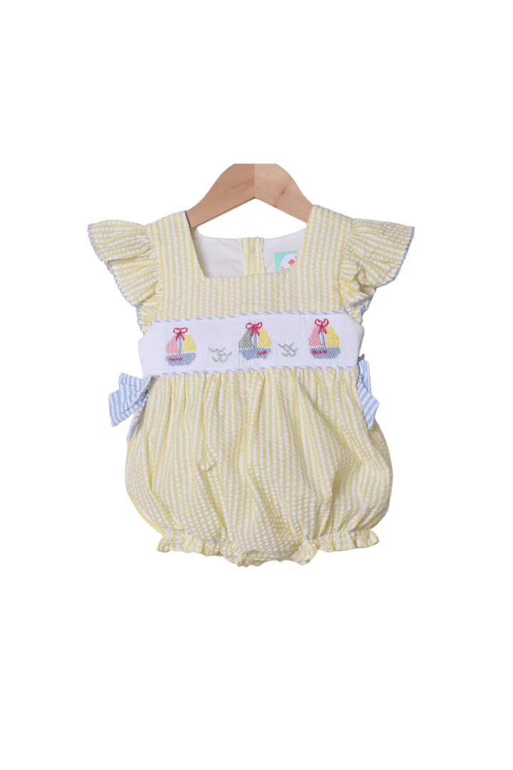 Smocked Sailboat Blue/Yellow Ruffle Bubble