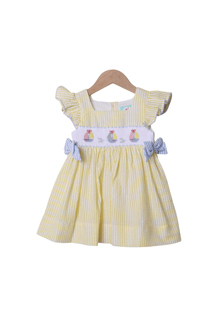 Smocked Sailboat Blue/Yellow Ruffle Dress
