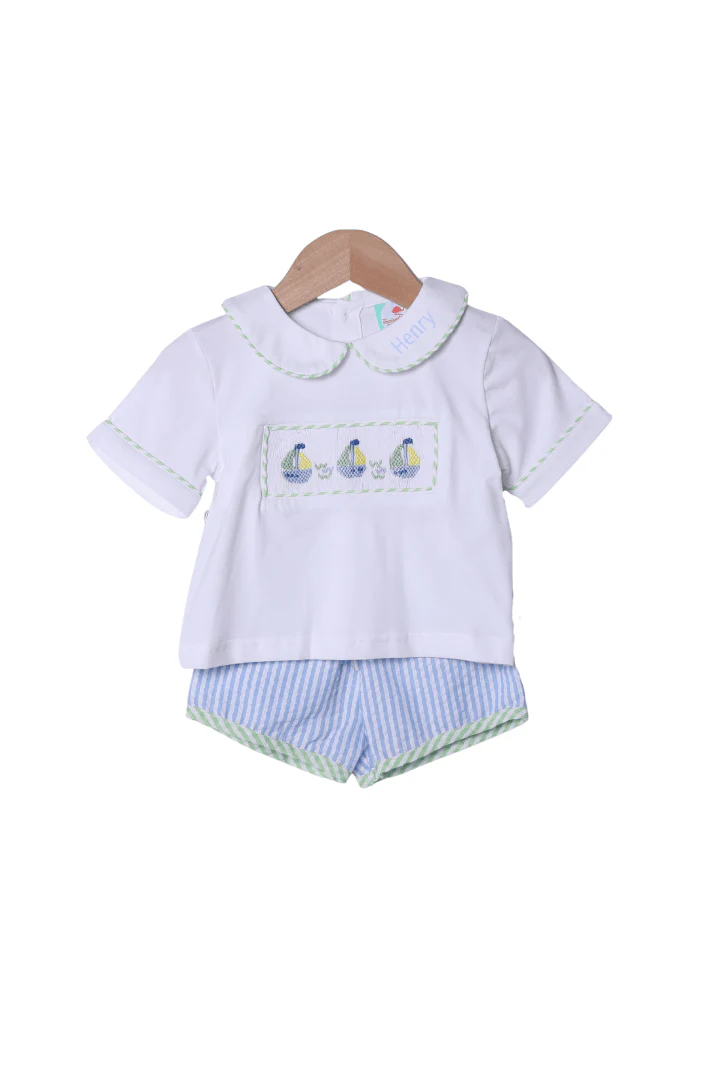 Smocked Sailboat Blue/Yellow Seersucker Short Set