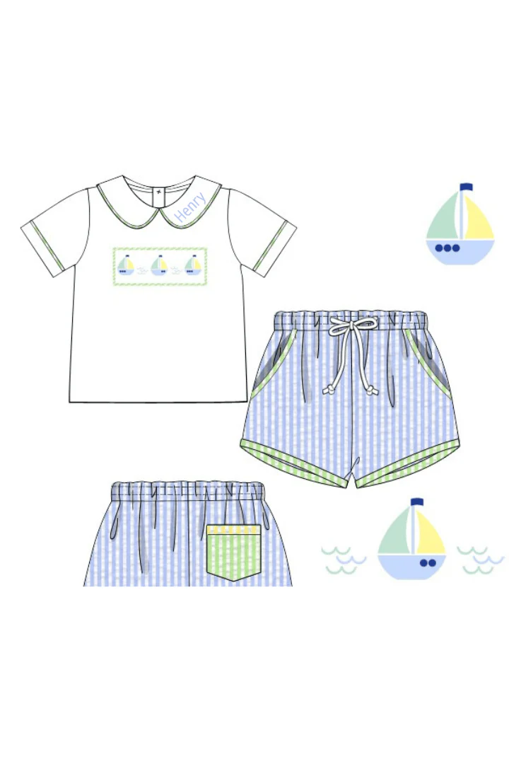 Smocked Sailboat Blue/Yellow Seersucker Short Set - Image 2