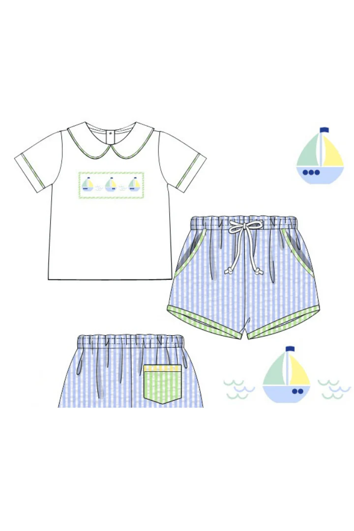 Smocked Sailboat Blue/Yellow Seersucker Short Set - Image 3
