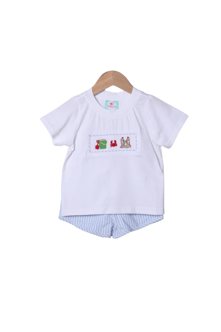 Smocked Sand Castle Blue Pinstripe Short Set