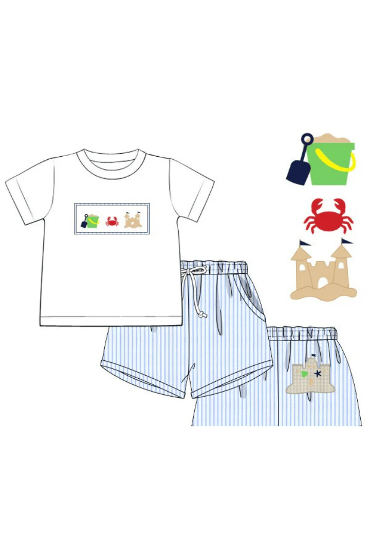 Smocked Sand Castle Blue Pinstripe Short Set - Image 3