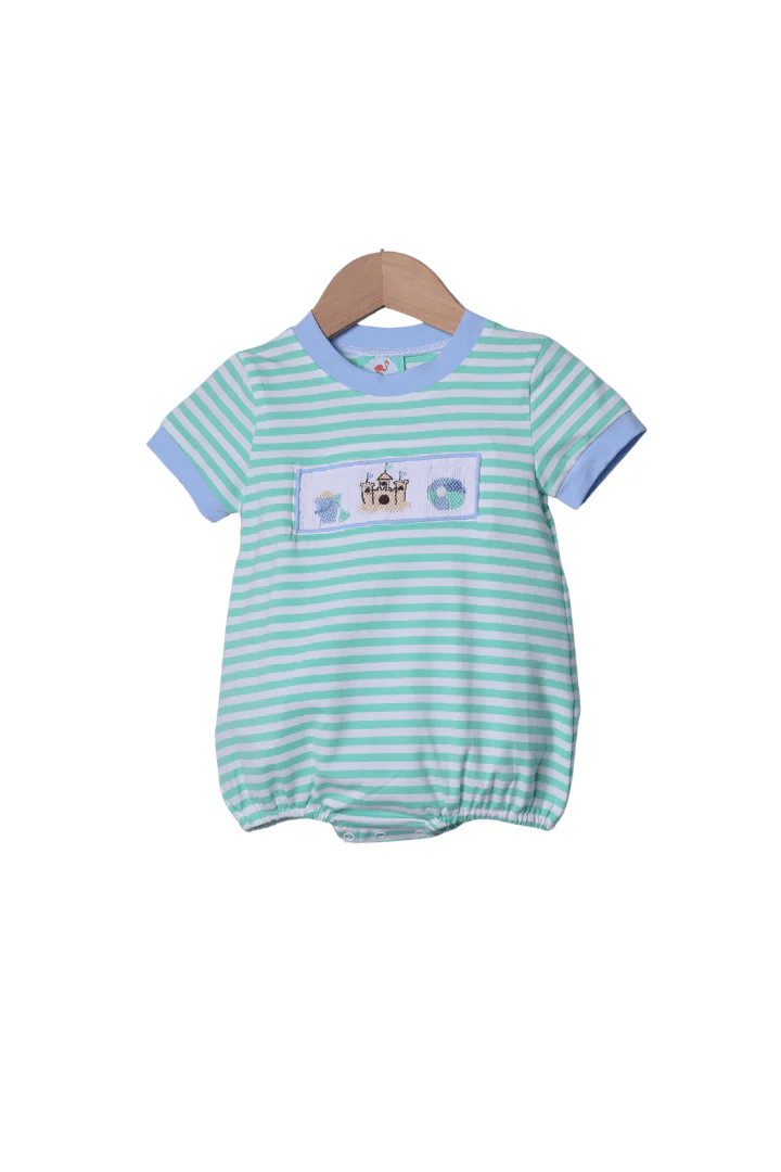 Smocked Sand Castle Fun Mint/Blue Stripe Bubble