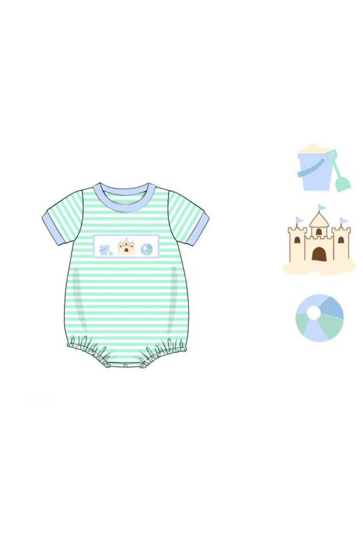 Smocked Sand Castle Fun Mint/Blue Stripe Bubble - Image 2