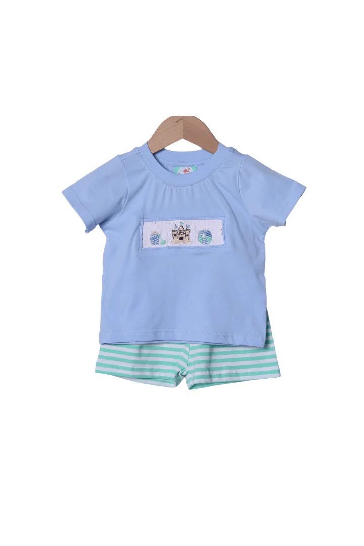 Smocked Sand Castle Fun Mint/Blue Stripe Short Set