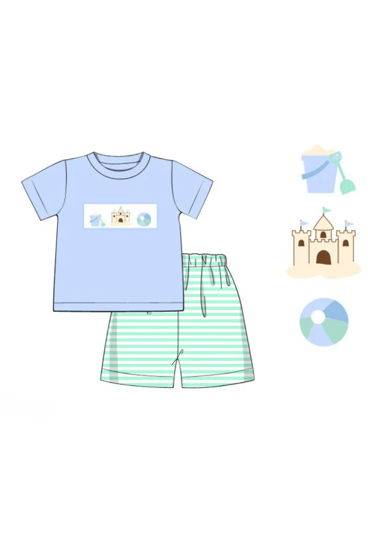 Smocked Sand Castle Fun Mint/Blue Stripe Short Set - Image 2