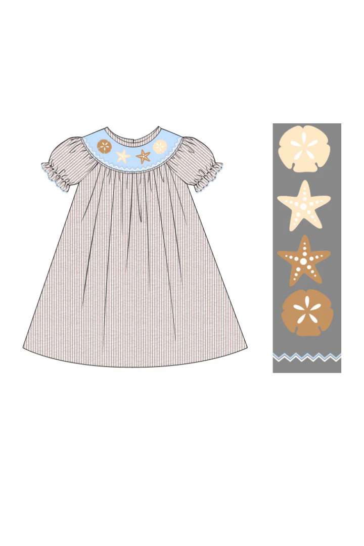 Smocked Sand Dollar Blue/Khaki Seersucker Dress - Image 2