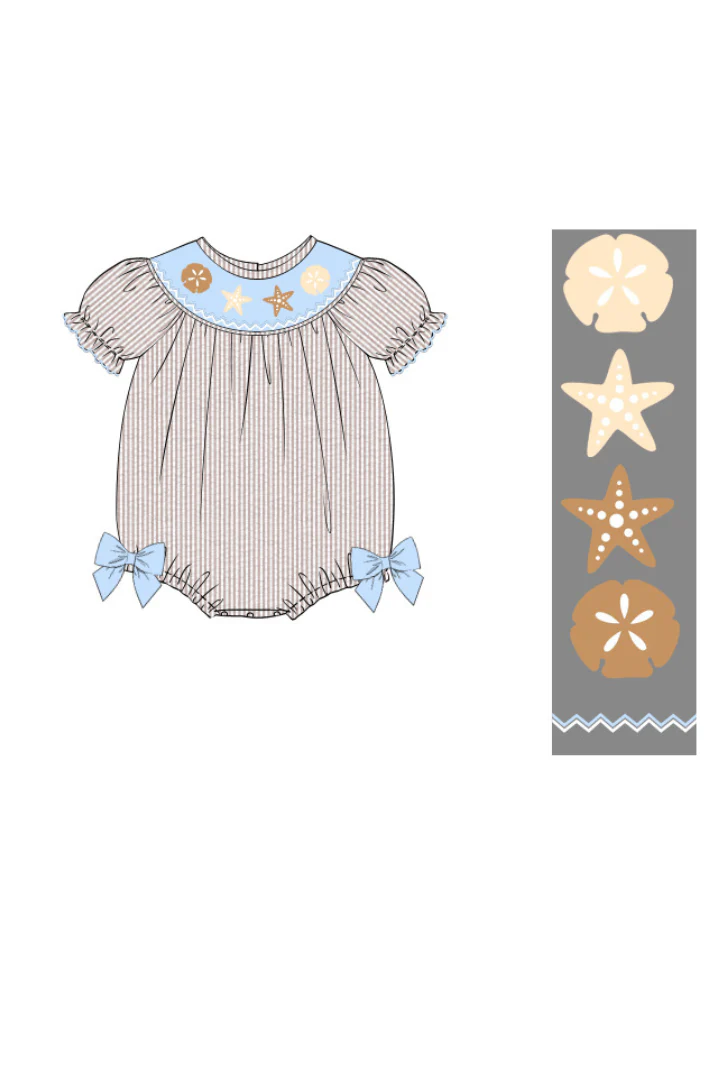 Smocked Sand Dollar Blue/Khaki Seersucker Bubble - Image 2