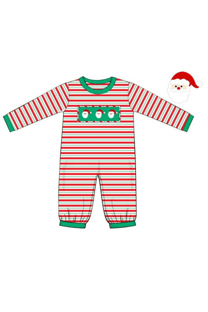 Smocked Santa Green and Red Stipe Romper - Image 2