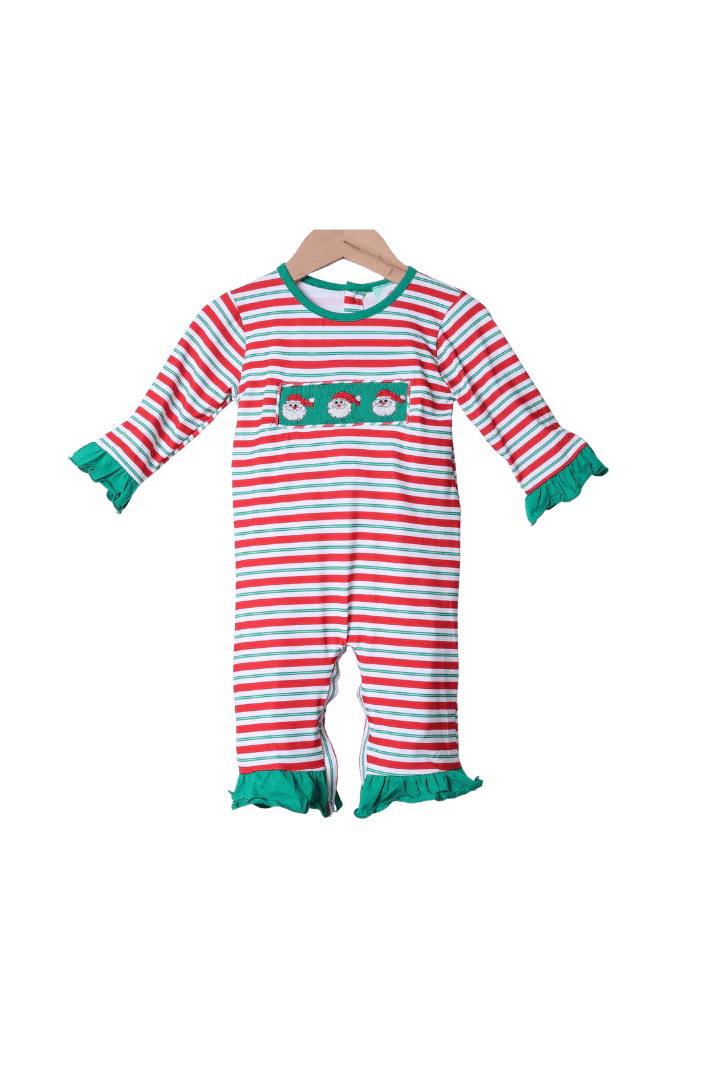 Smocked Santa Green and Red Stripe Ruffle Romper
