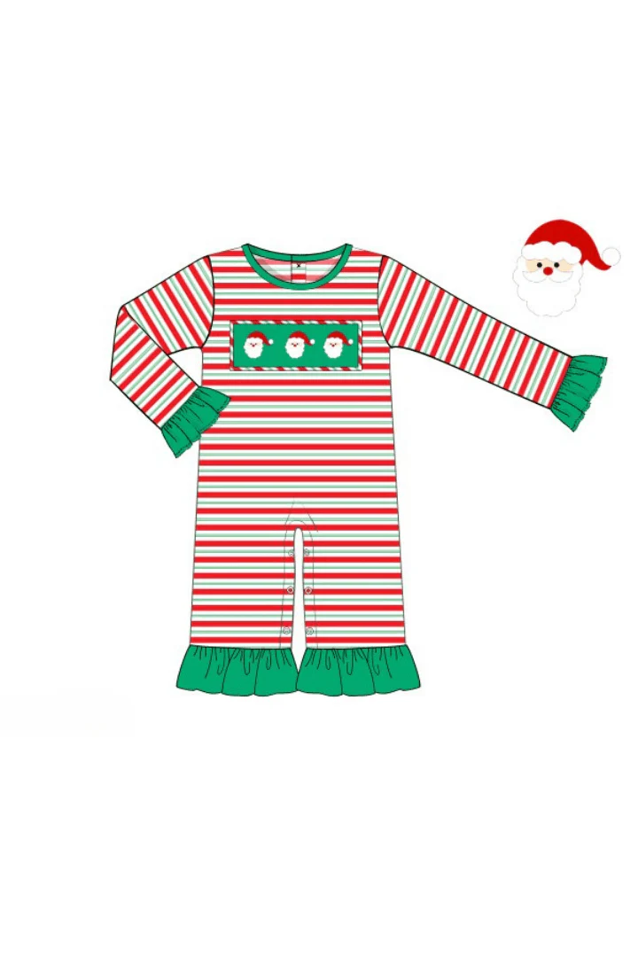 Smocked Santa Green and Red Stripe Ruffle Romper - Image 2