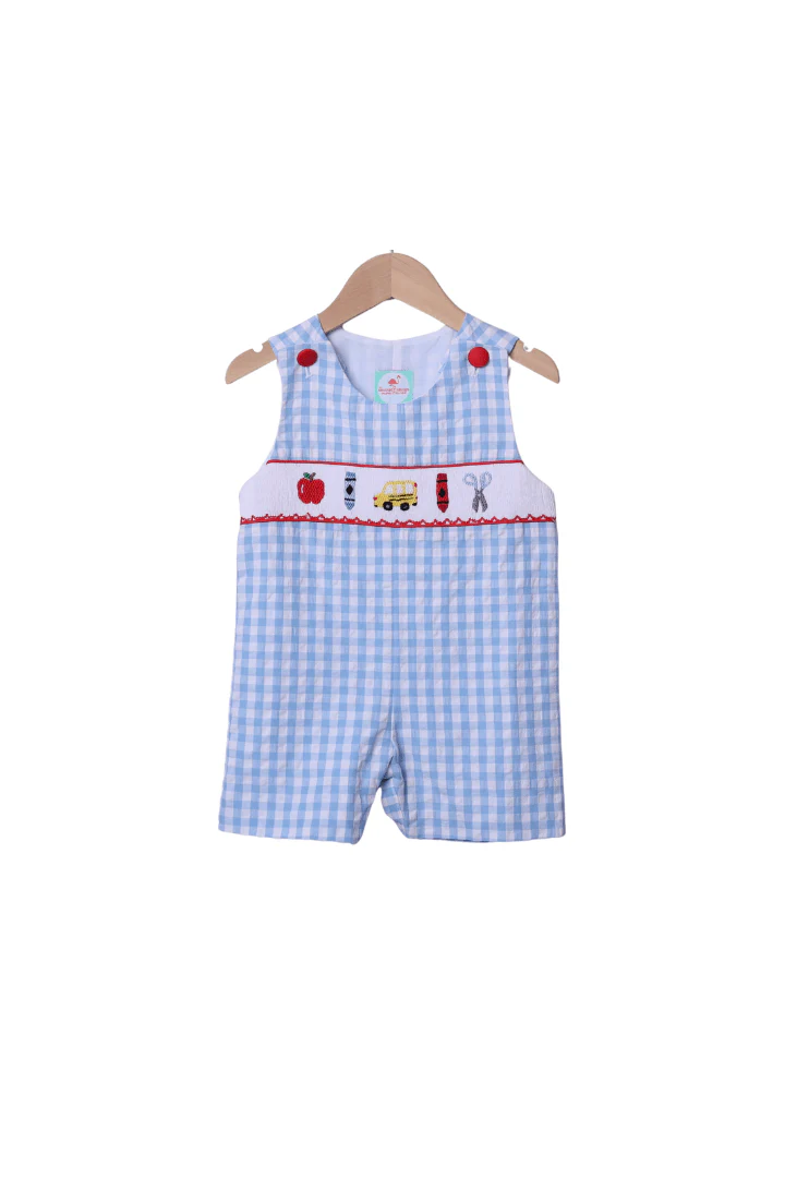 Smocked School Bus Blue Gingham Seersucker Jon Jon
