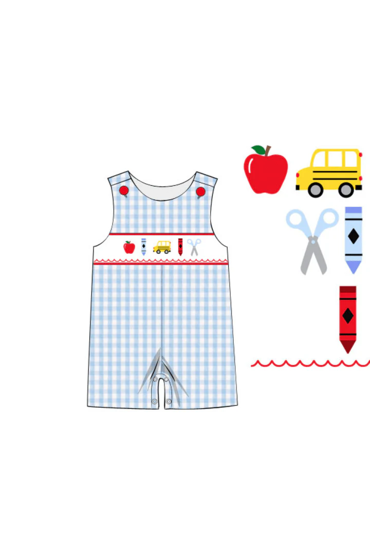 Smocked School Bus Blue Gingham Seersucker Jon Jon - Image 2