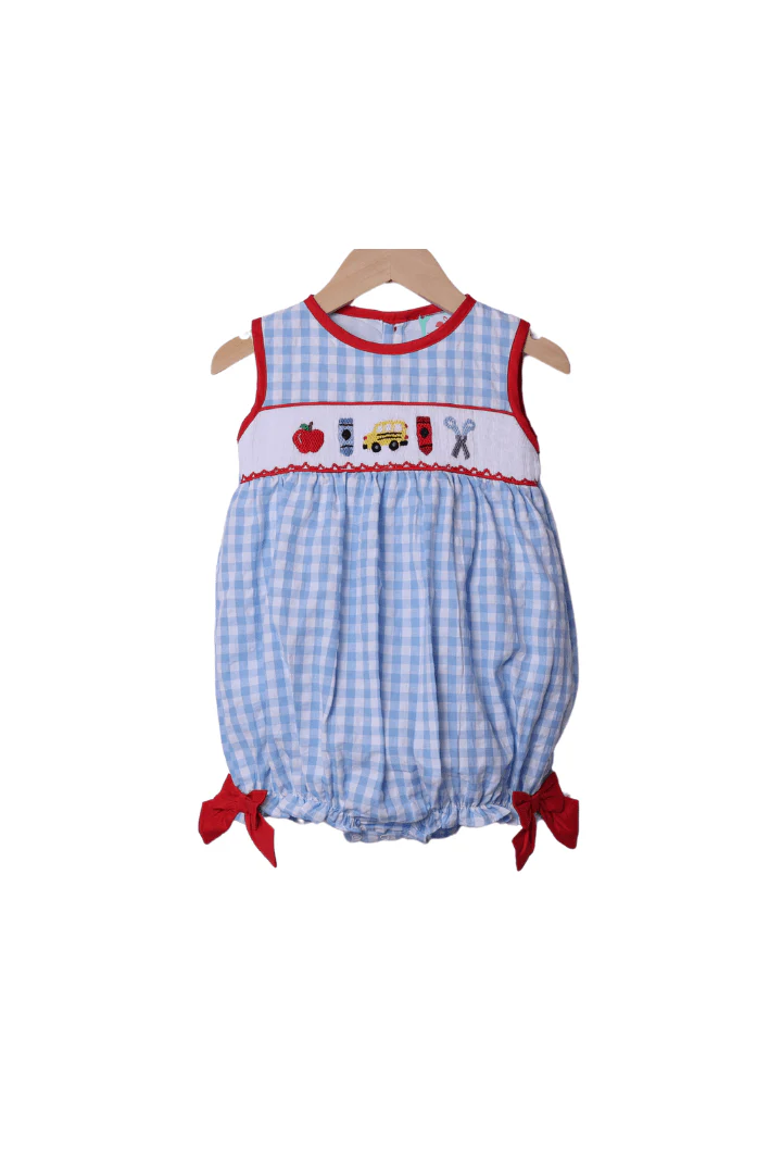 Smocked School Bus Red/Blue Gingham Seersucker Bow Bubble