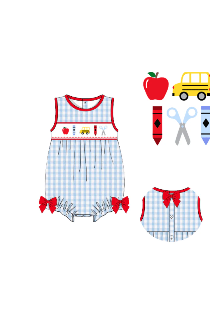 Smocked School Bus Red/Blue Gingham Seersucker Bow Bubble - Image 2