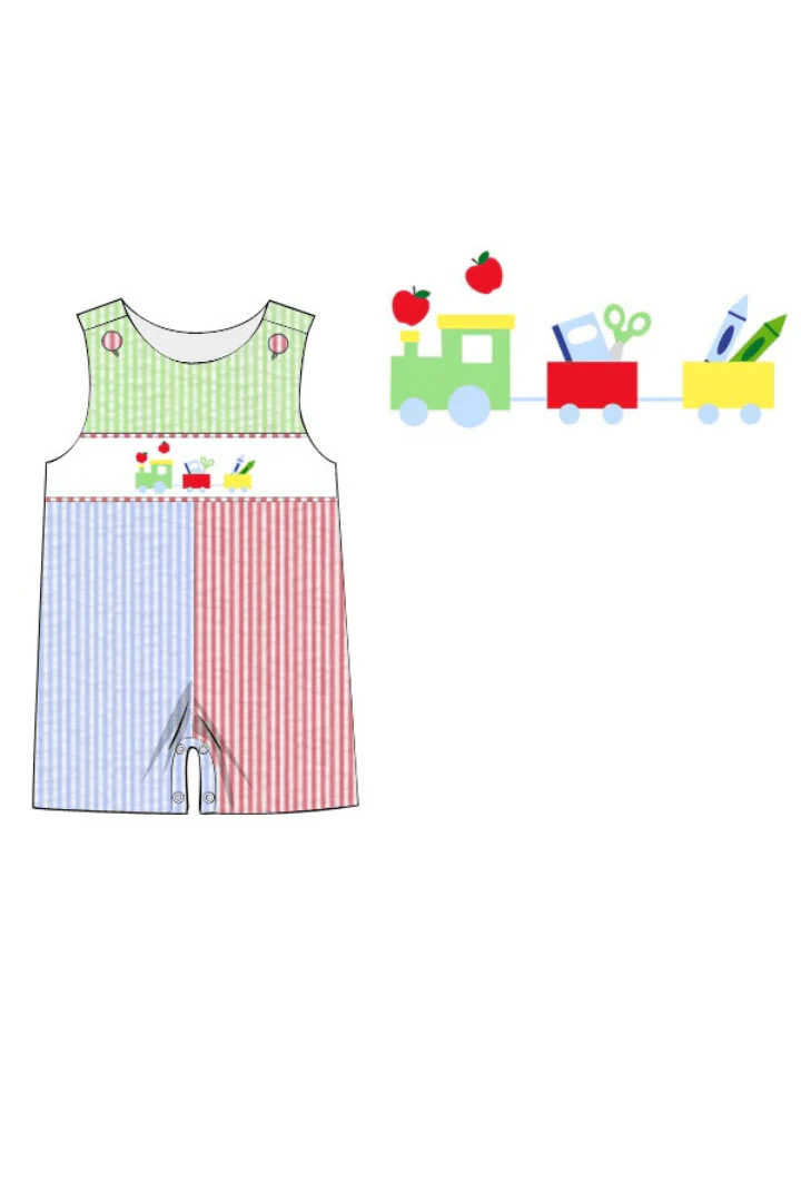 Smocked School Train Color Block Seersucker Jon Jon - Image 3