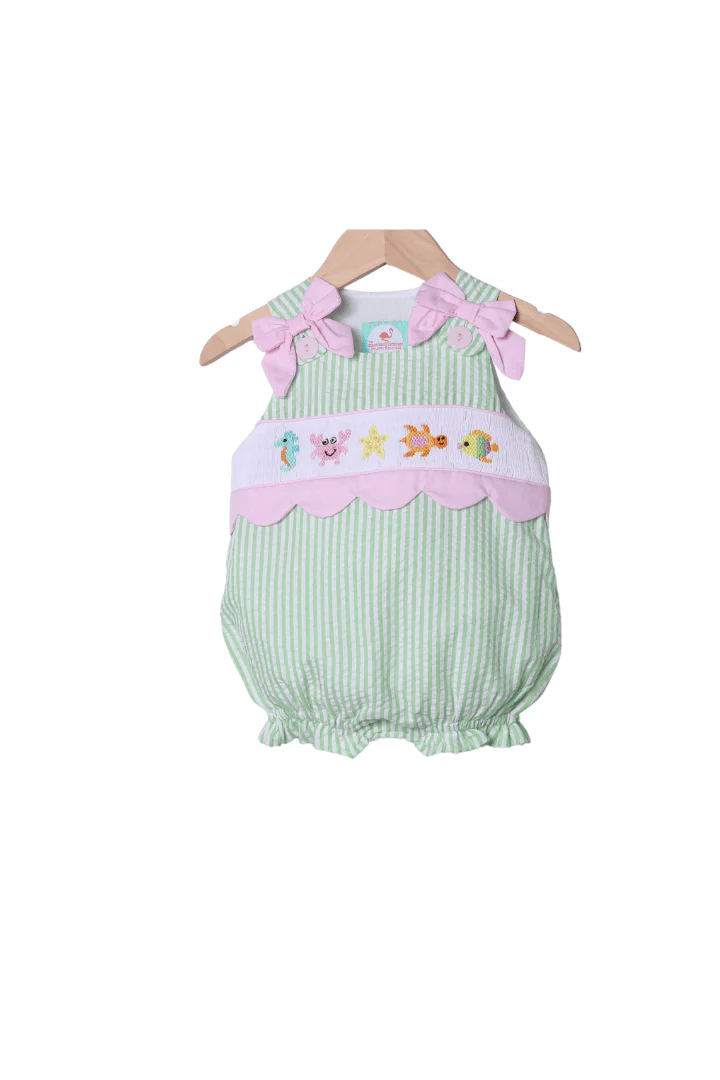 Smocked Sea Creatures Green Seersucker Bubble