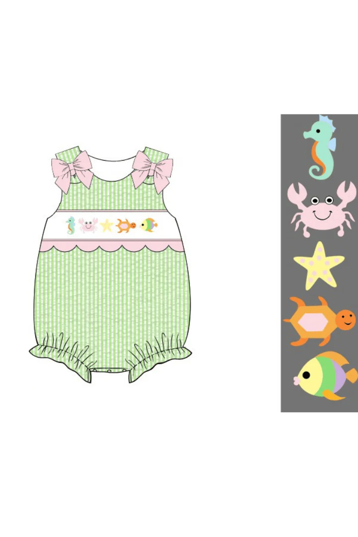 Smocked Sea Creatures Green Seersucker Bubble - Image 2