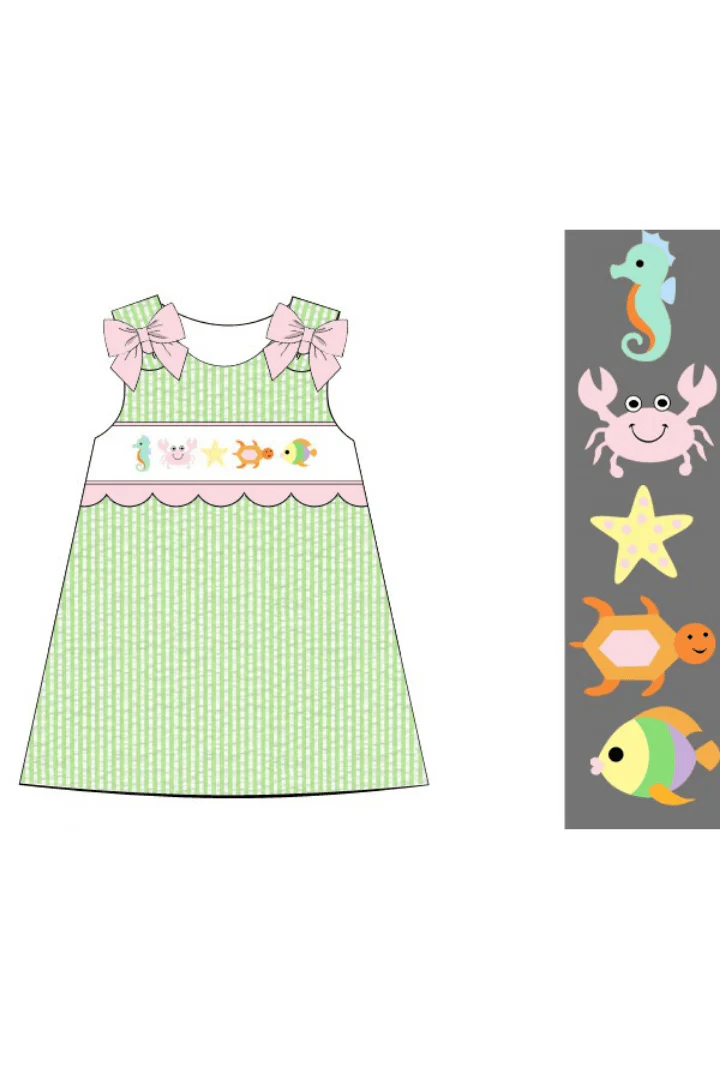 Smocked Sea Creatures Green Seersucker Dress - Image 2