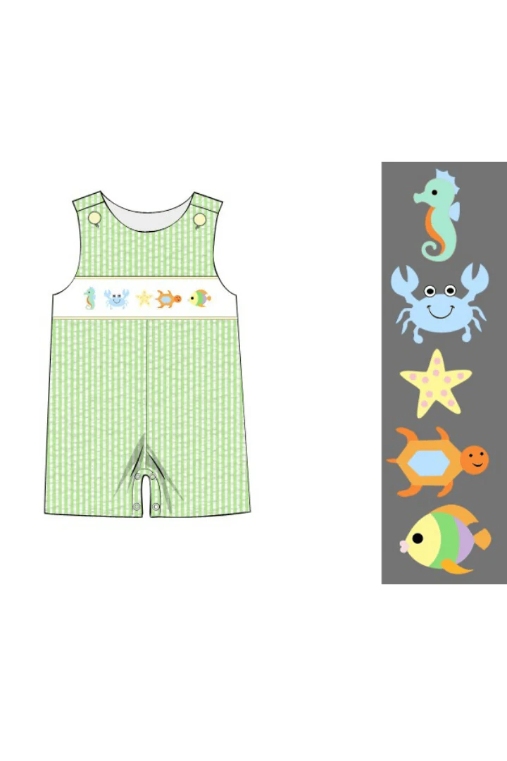 Smocked Sea Creatures Green Seersucker Jon Jon - Image 2