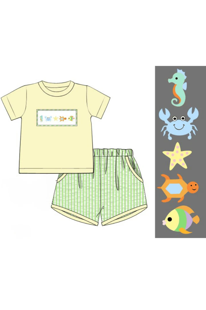 Smocked Sea Creatures Green Seersucker Short Set - Image 2