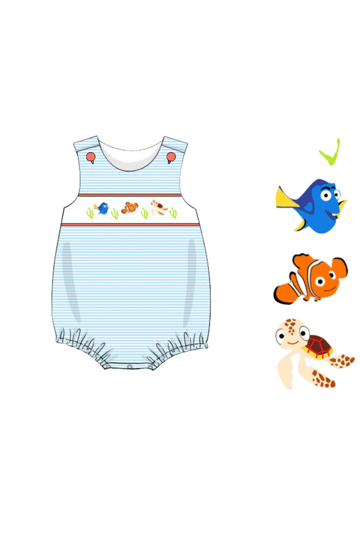 Smocked Sea Friends Blue Stripe Bubble - Image 2